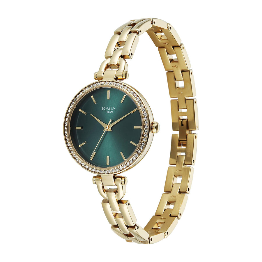 Titan Raga Showstopper Green Dial Gold Metal Strap Analog Watch for Women
