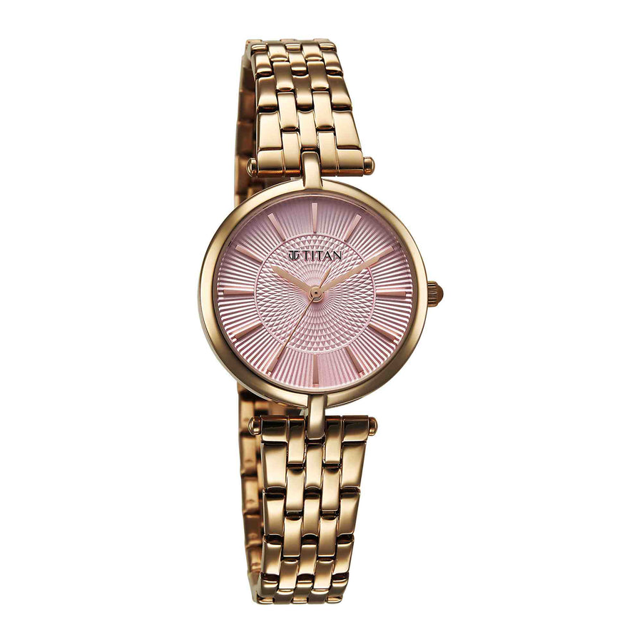 Titan Pink Dial Rose Gold Metal Strap Analog Quartz Watch for Women