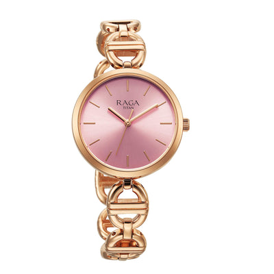 Titan Raga Showstopper Quartz Analog Rose Gold Dial Metal Strap Watch For Women
