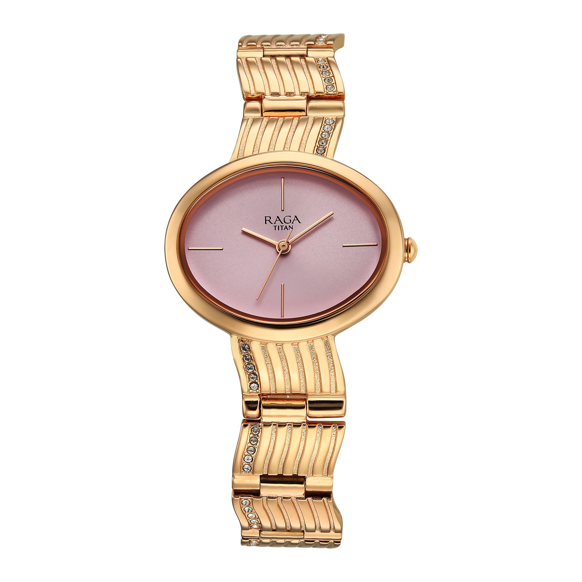 Titan Raga Glimmers Pink Dial Rose Gold Metal Strap Analog Watch for Women
