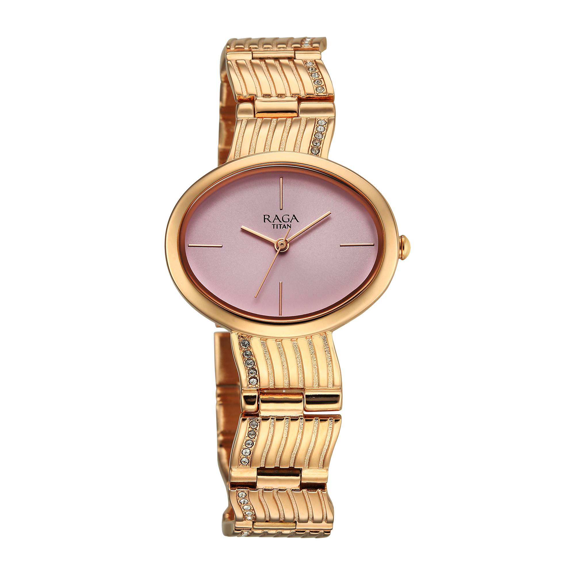 Titan Raga Glimmers Pink Dial Rose Gold Metal Strap Analog Watch for Women