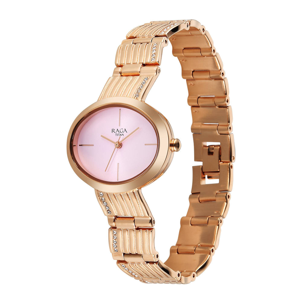 Titan Raga Glimmers Quartz Analog Pink Dial Rose Gold Metal Strap Watch For Women