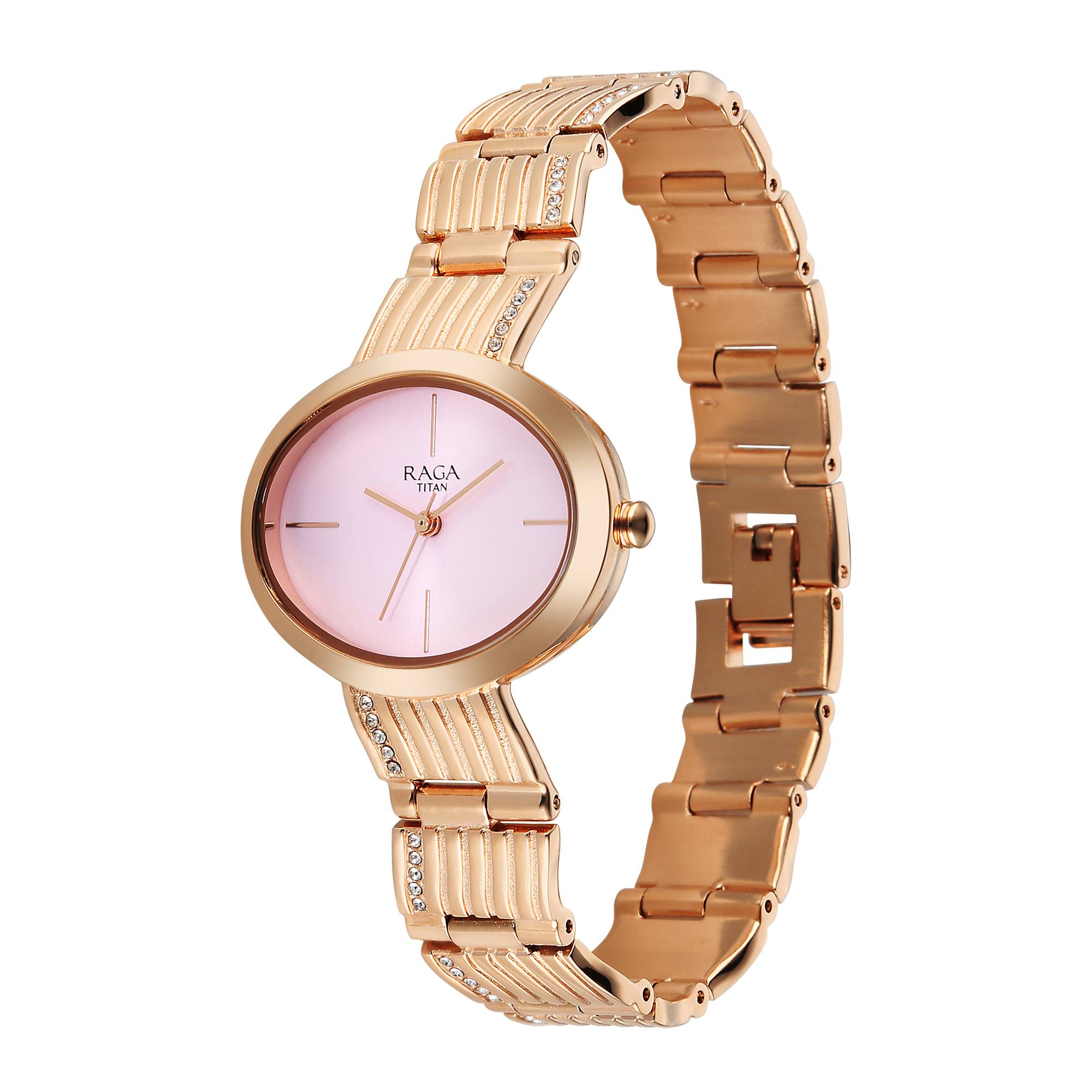 Titan Raga Glimmers Pink Dial Rose Gold Metal Strap Analog Watch for Women