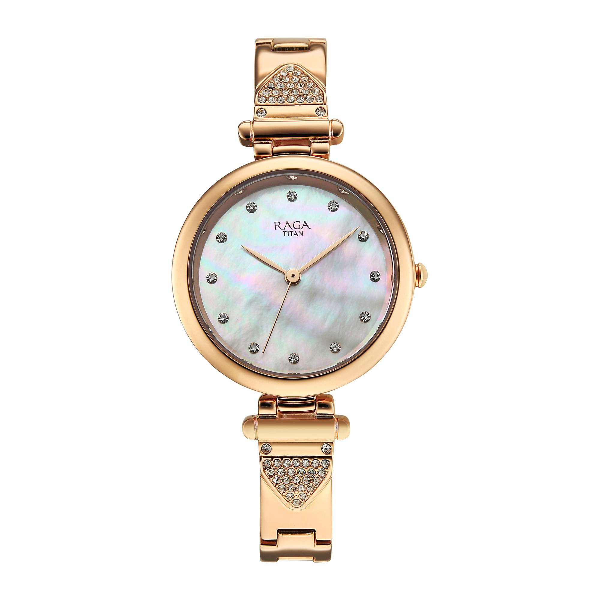 Titan Raga Glimmers Mother of Pearl Dial Rose Gold Metal Strap Analog Watch for Women