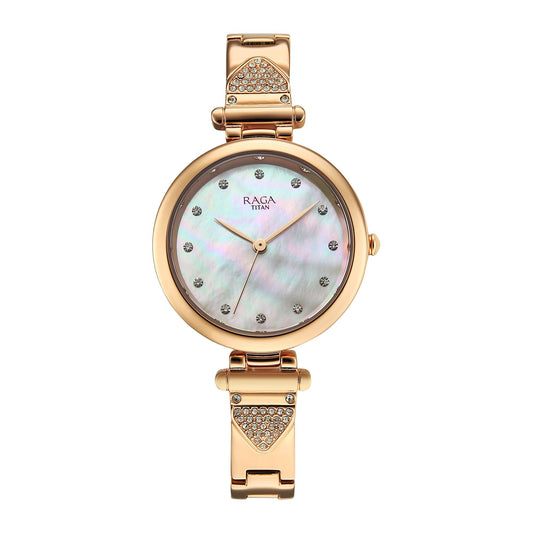 Titan Raga Glimmers White MOP Round Dial Brass Strap Watch For Women