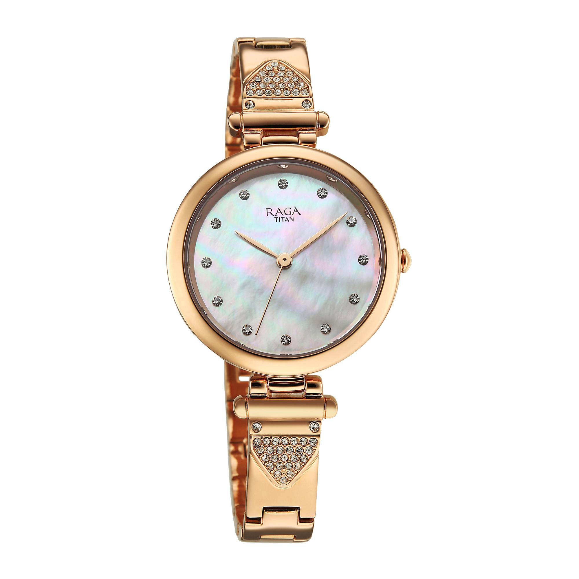 Titan Raga Glimmers Mother of Pearl Dial Rose Gold Metal Strap Analog Watch for Women