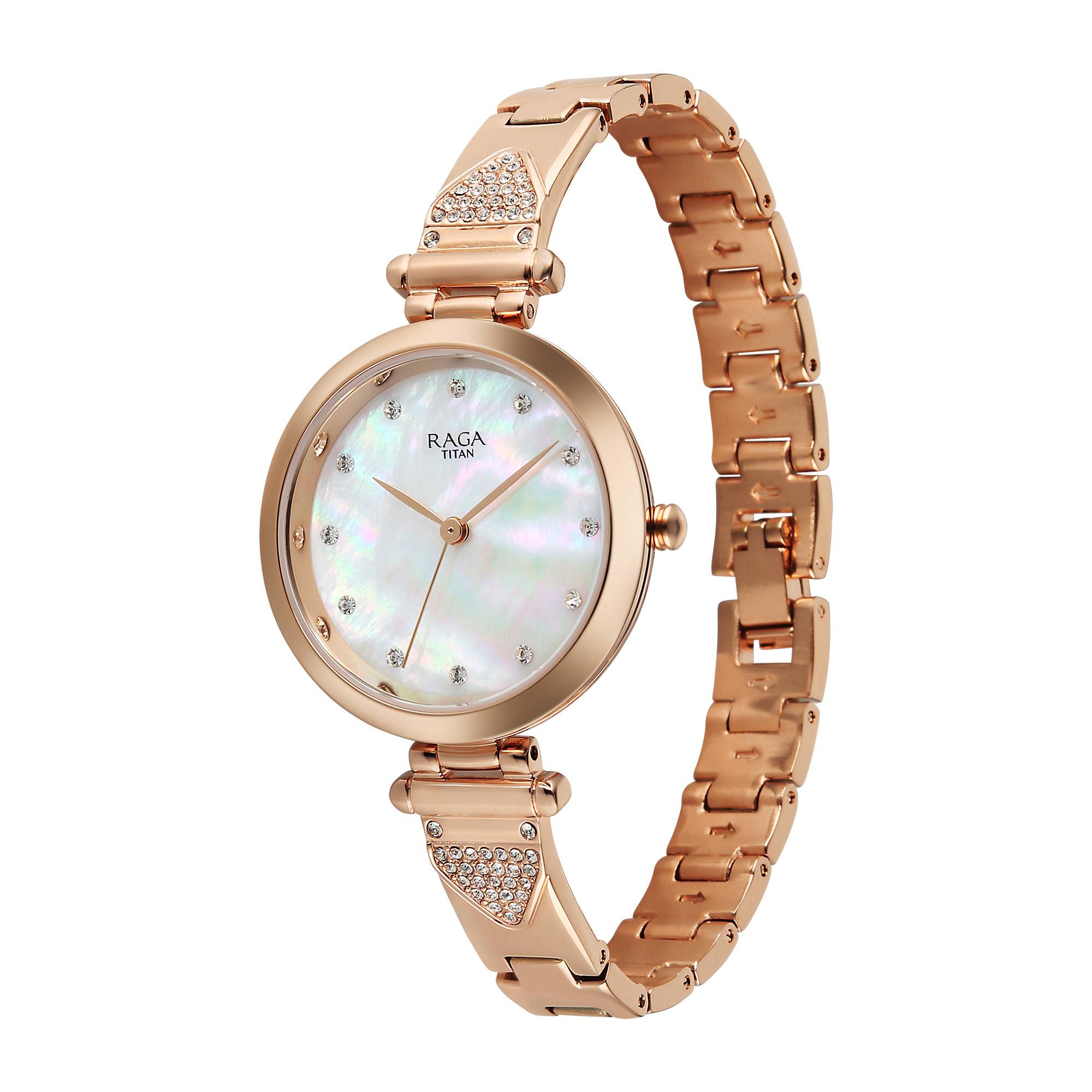 Titan Raga Glimmers Mother of Pearl Dial Rose Gold Metal Strap Analog Watch for Women