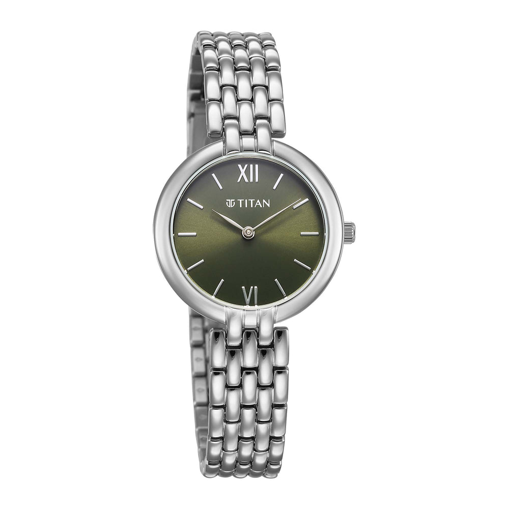 Titan Workwear Green Dial Silver Metal Strap Analog Watch for Women