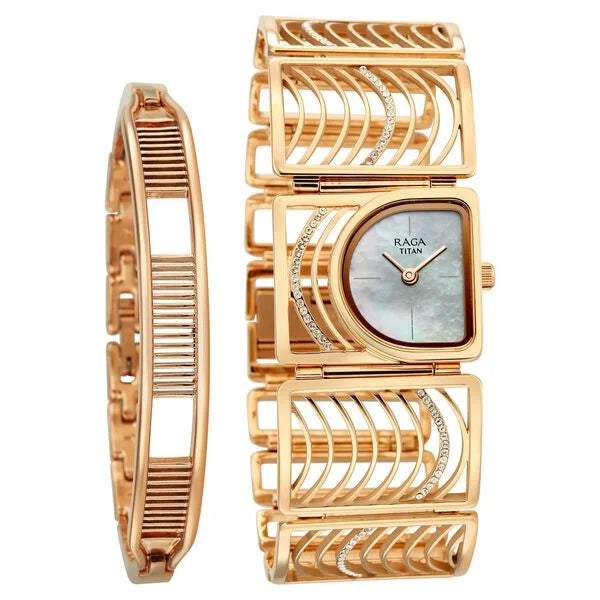 Titan Raga Mother of Pearl Shaped Dial Rose Gold Stainless Steel Strap Analog Watch for Women