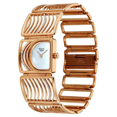 Titan Raga Mother of Pearl Shaped Dial Rose Gold Stainless Steel Strap Analog Watch for Women