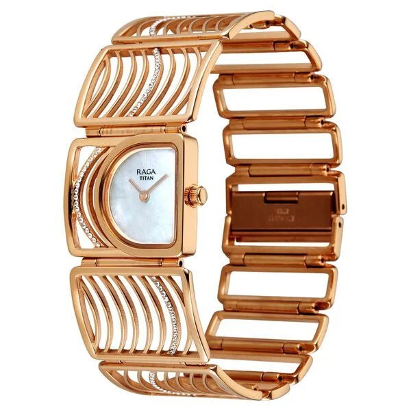 Titan Raga Mother of Pearl Shaped Dial Rose Gold Stainless Steel Strap Analog Watch for Women
