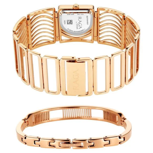 Titan Raga Mother of Pearl Shaped Dial Rose Gold Stainless Steel Strap Analog Watch for Women
