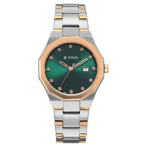 Titan Fashion Green Dial Two Toned Metal Strap Analog with Date Watch For Women