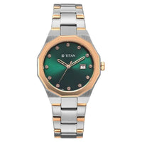 Titan Fashion Green Dial Two Toned Metal Strap Analog with Date Watch For Women