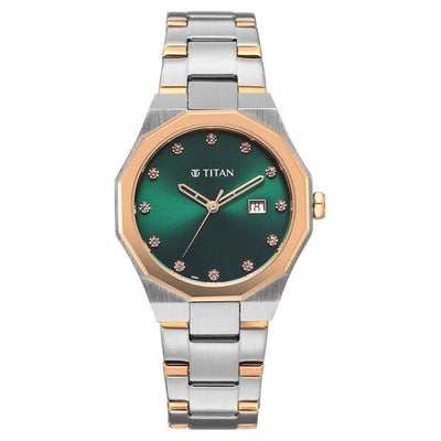 Titan Fashion Green Dial Two Toned Metal Strap Analog with Date Watch For Women