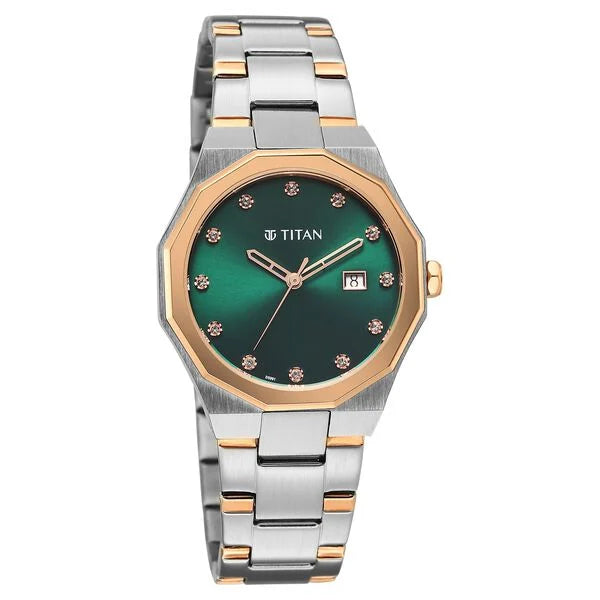 Titan Fashion Green Dial Two Toned Metal Strap Analog with Date Watch For Women