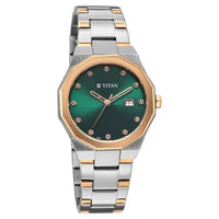 Titan Fashion Green Dial Two Toned Metal Strap Analog with Date Watch For Women