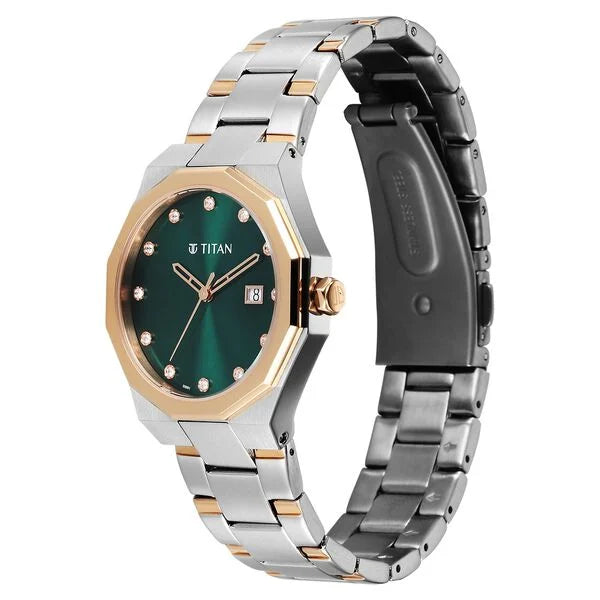 Titan Fashion Green Dial Two Toned Metal Strap Analog with Date Watch For Women