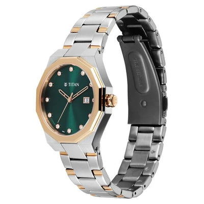 Titan Fashion Green Dial Two Toned Metal Strap Analog with Date Watch For Women
