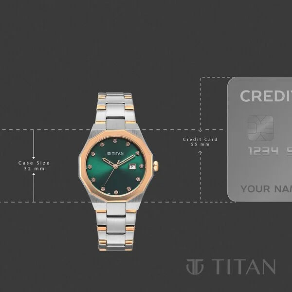Titan Fashion Green Dial Two Toned Metal Strap Analog with Date Watch For Women