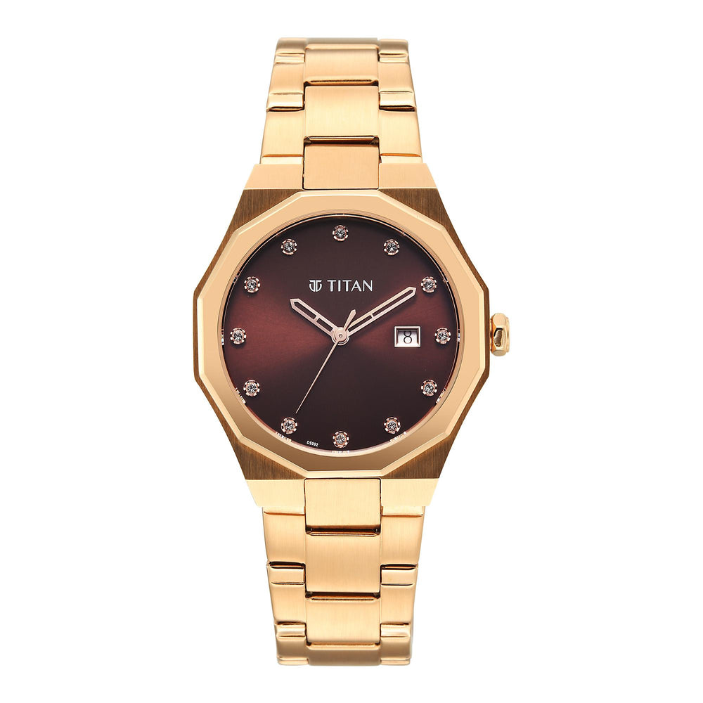 Titan Fashion Brown Dial Rose Gold Metal Strap Analog with Date Watch For Women