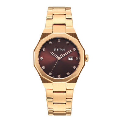 Titan Fashion Brown Dial Rose Gold Metal Strap Analog with Date Watch For Women