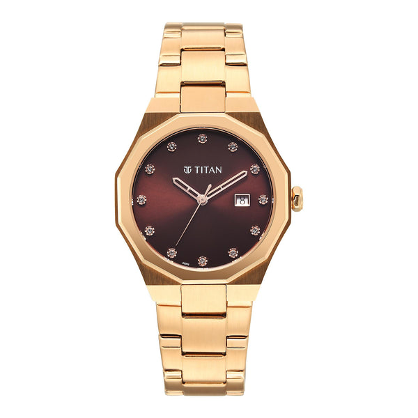 Titan Fashion Brown Dial Rose Gold Metal Strap Analog with Date Watch For Women