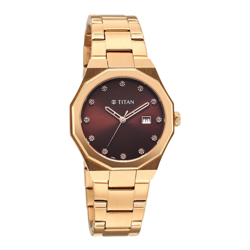 Titan Fashion Brown Dial Rose Gold Metal Strap Analog with Date Watch For Women