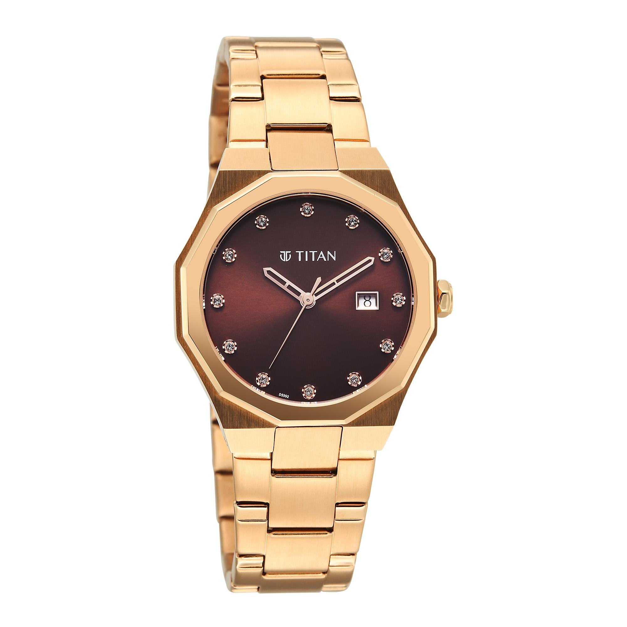 Titan Fashion Brown Dial Rose Gold Metal Strap Analog with Date Watch For Women
