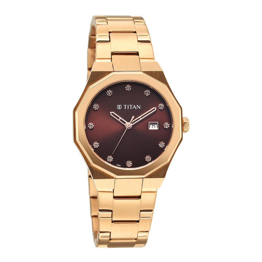 Titan Fashion Brown Dial Rose Gold Metal Strap Analog with Date Watch For Women
