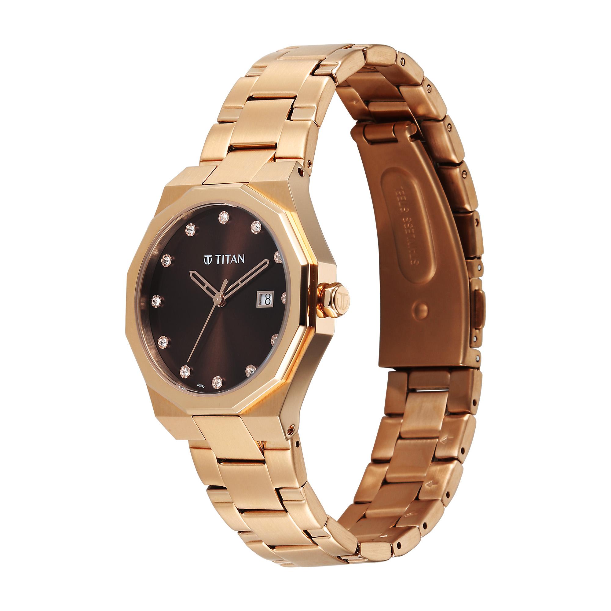 Titan Fashion Brown Dial Rose Gold Metal Strap Analog with Date Watch For Women