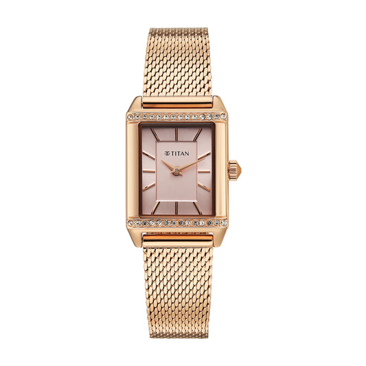 Titan Fashion Pink Rectangle Dial Rose Gold Metal Strap Analog Watch for Women