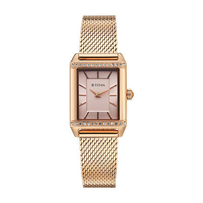 Titan Fashion Pink Rectangle Dial Rose Gold Metal Strap Analog Watch for Women