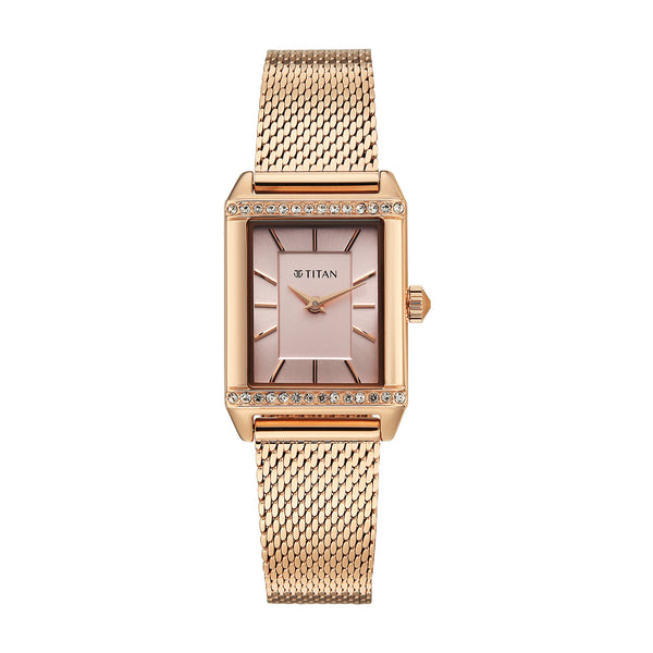 Titan Fashion Pink Rectangle Dial Rose Gold Metal Strap Analog Watch for Women