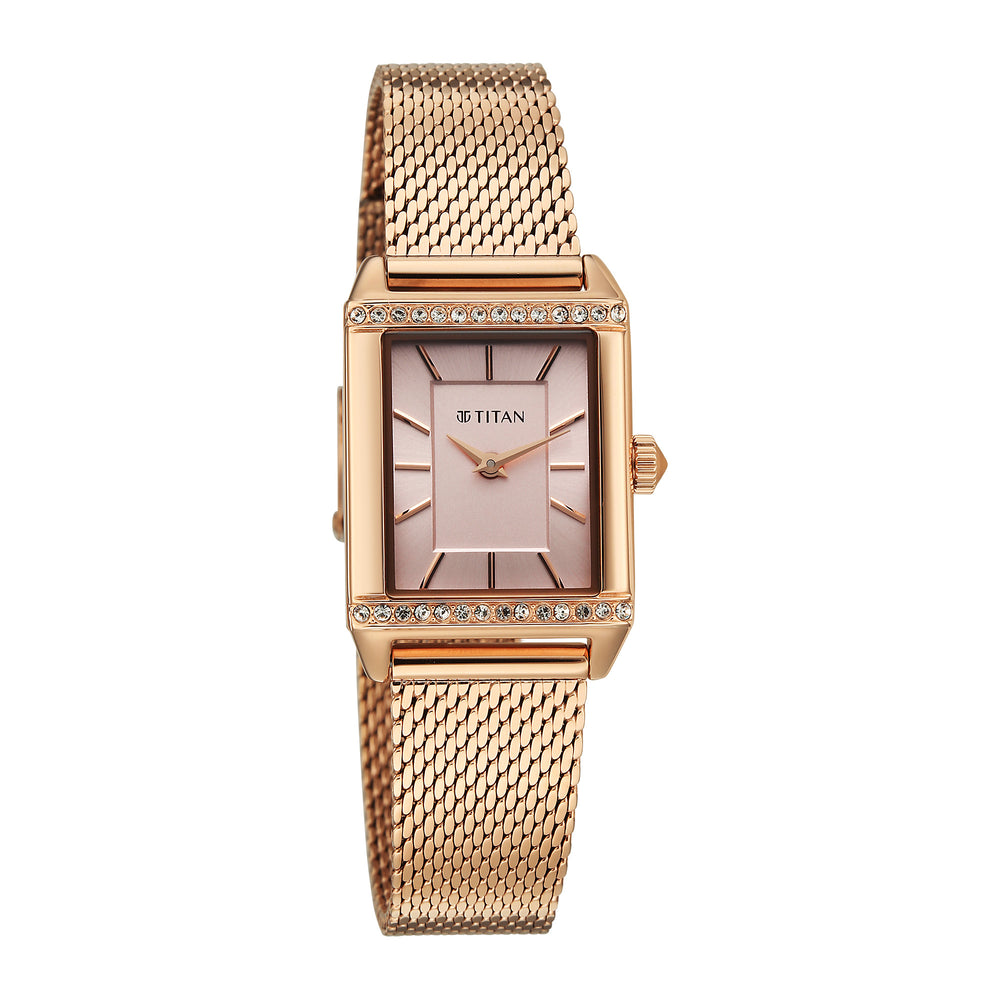 Titan Fashion Pink Rectangle Dial Rose Gold Metal Strap Analog Watch for Women