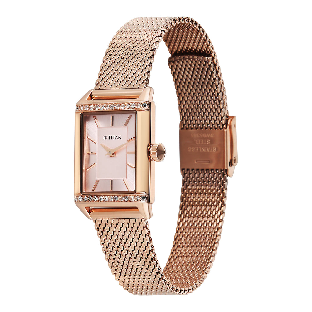 Titan Fashion Pink Rectangle Dial Rose Gold Metal Strap Analog Watch for Women