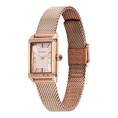 Titan Fashion Pink Rectangle Dial Rose Gold Metal Strap Analog Watch for Women