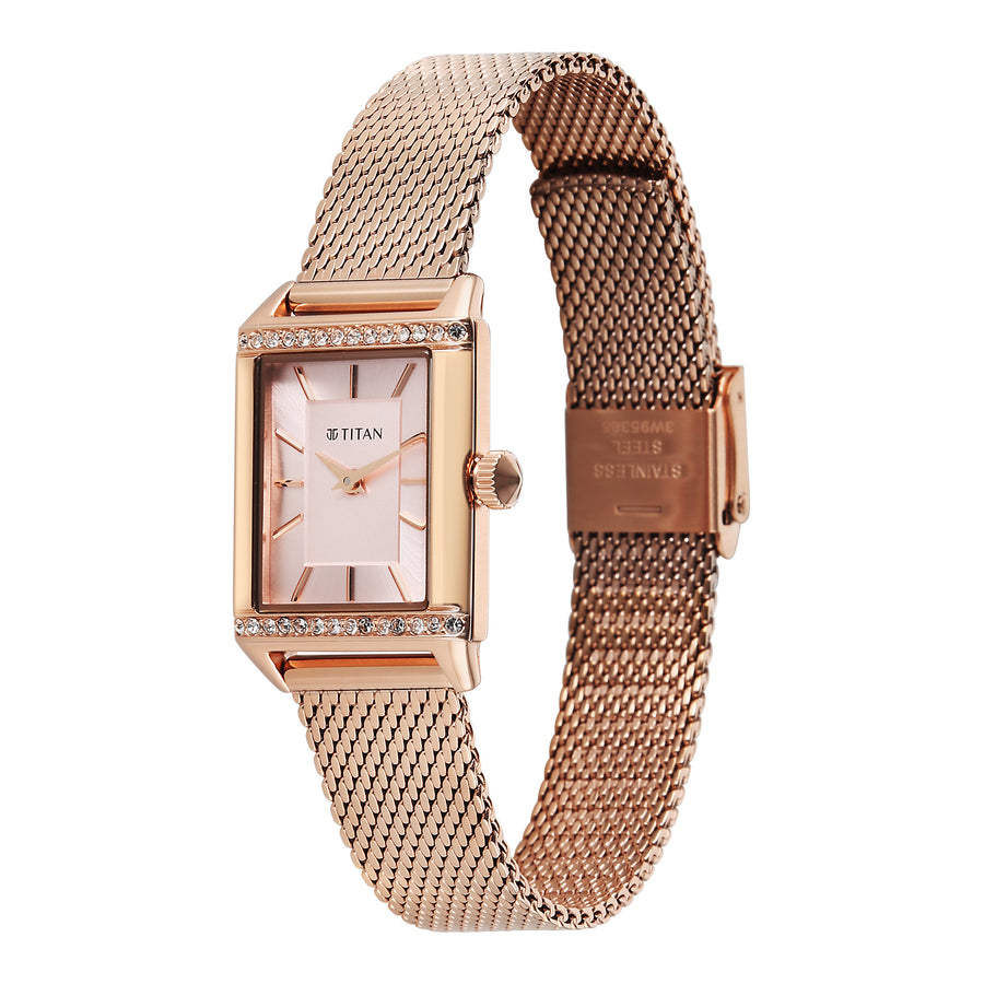 Titan Fashion Pink Rectangle Dial Rose Gold Metal Strap Analog Watch for Women