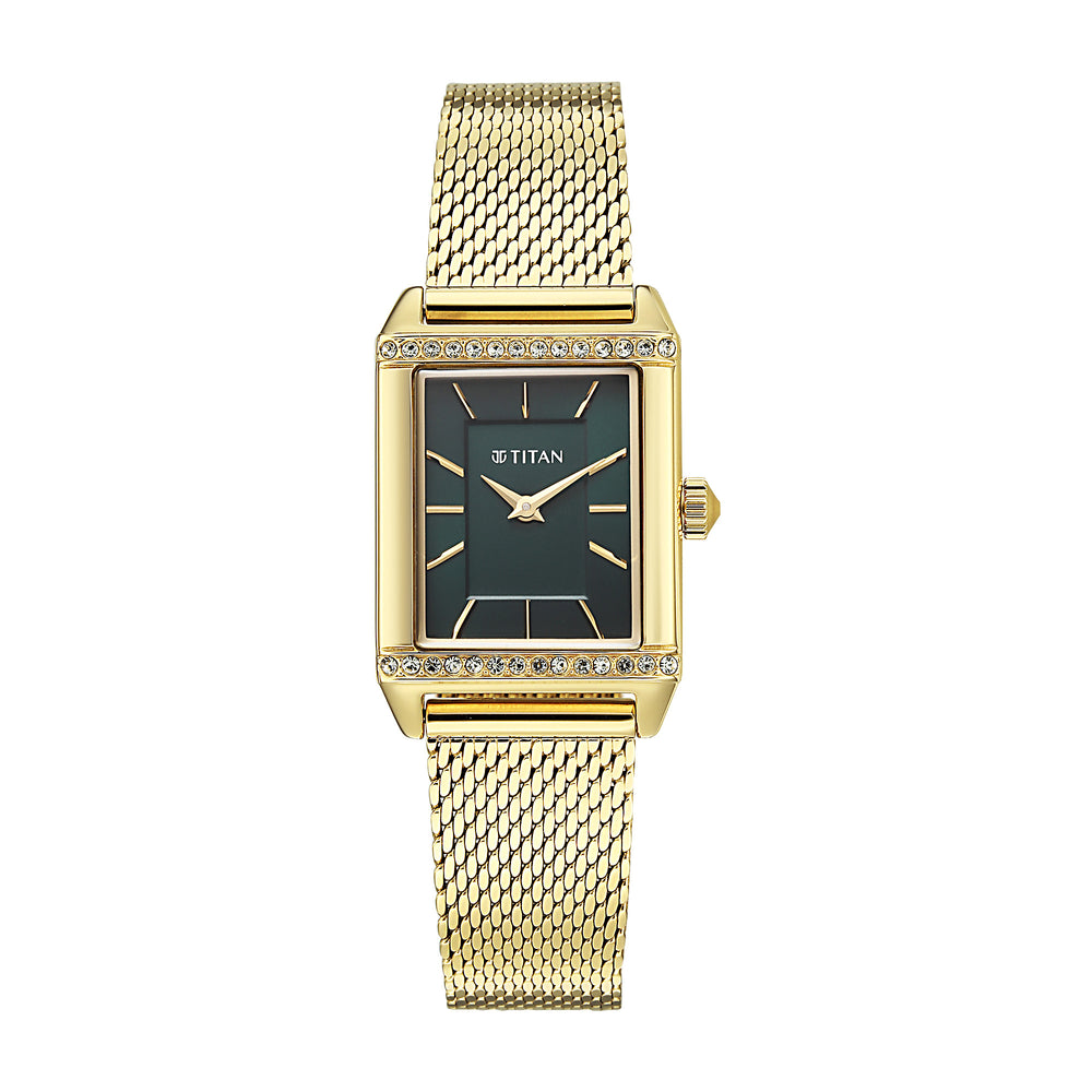 Titan Fashion Green Rectangle Dial Gold Metal Strap Analog Watch for Women
