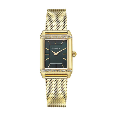 Titan Fashion Green Rectangle Dial Gold Metal Strap Analog Watch for Women