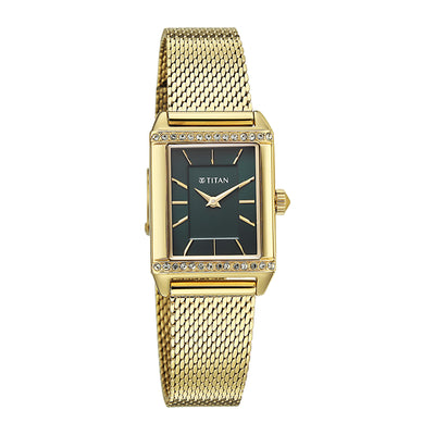 Titan Fashion Green Rectangle Dial Gold Metal Strap Analog Watch for Women