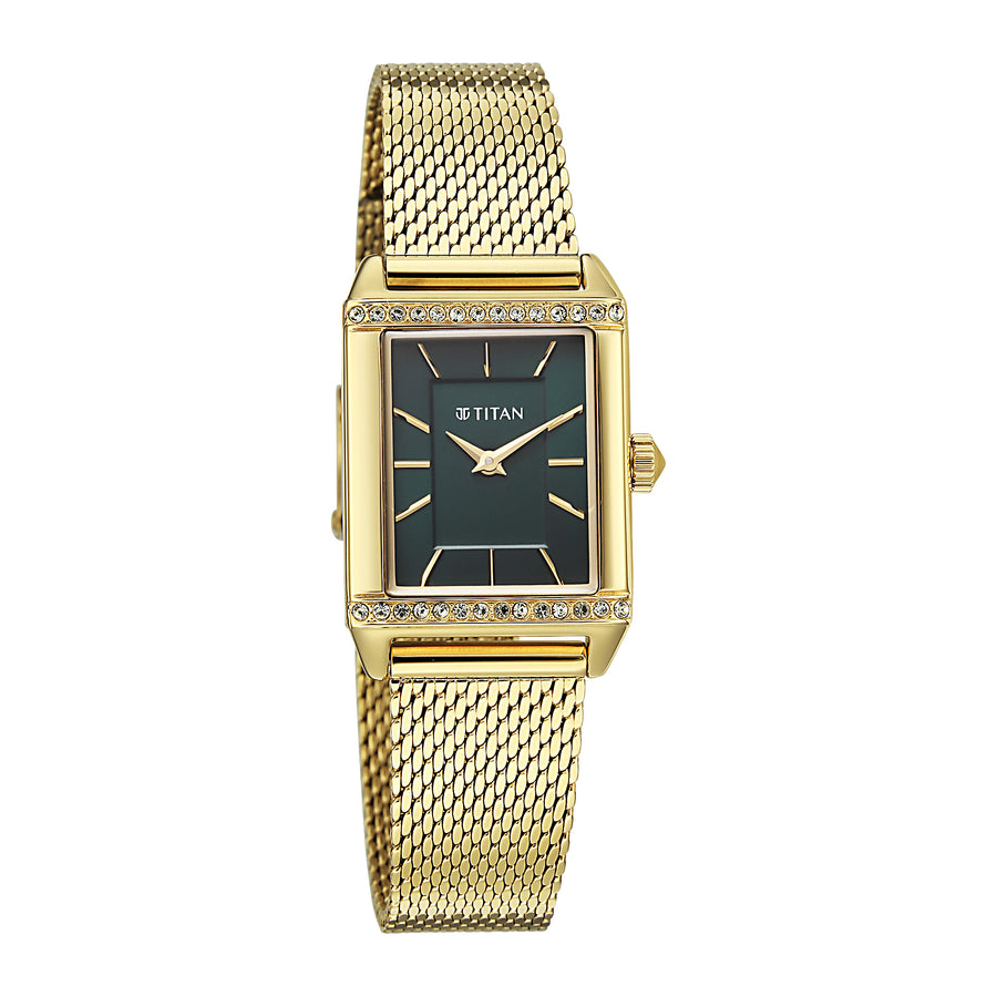 Titan Fashion Green Rectangle Dial Gold Metal Strap Analog Watch for Women