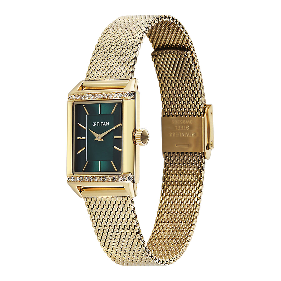Titan Fashion Green Rectangle Dial Gold Metal Strap Analog Watch for Women