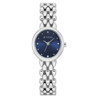 Titan Fashion Blue Oval Dial Silver Metal Strap Analog Watch For Women