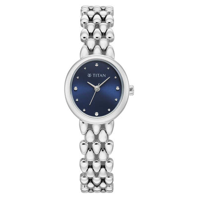Titan Fashion Blue Oval Dial Silver Metal Strap Analog Watch For Women