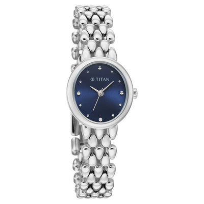Titan Fashion Blue Oval Dial Silver Metal Strap Analog Watch For Women