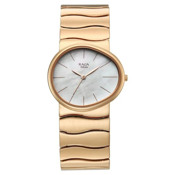 Titan Raga White Special Dial Rose Gold Metal Strap Analog Watch for Women