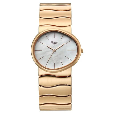 Titan Raga White Special Dial Rose Gold Metal Strap Analog Watch for Women