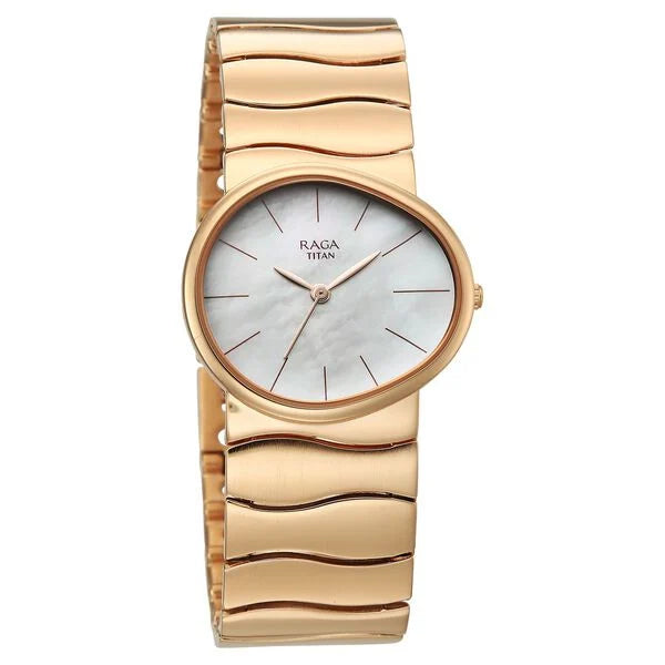 Titan Raga White Special Dial Rose Gold Metal Strap Analog Watch for Women