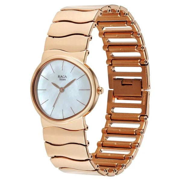 Titan Raga White Special Dial Rose Gold Metal Strap Analog Watch for Women